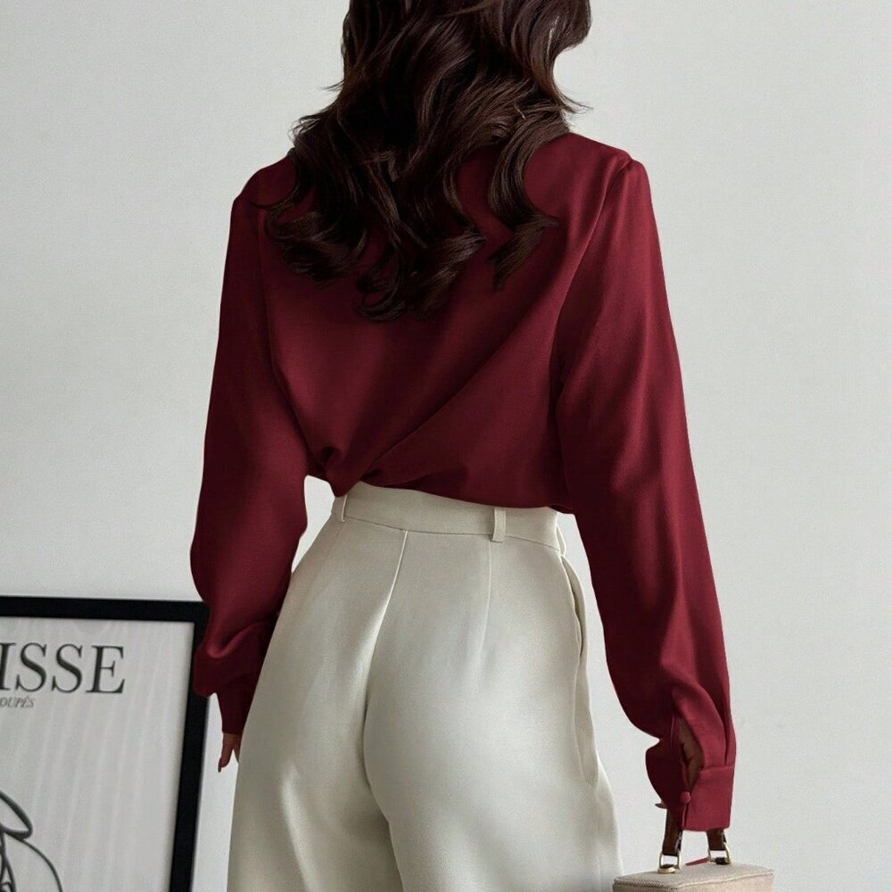Burgundy Minimalist Women's 0vowl neck Long Sleeve Shirt - Picture 2 of 7